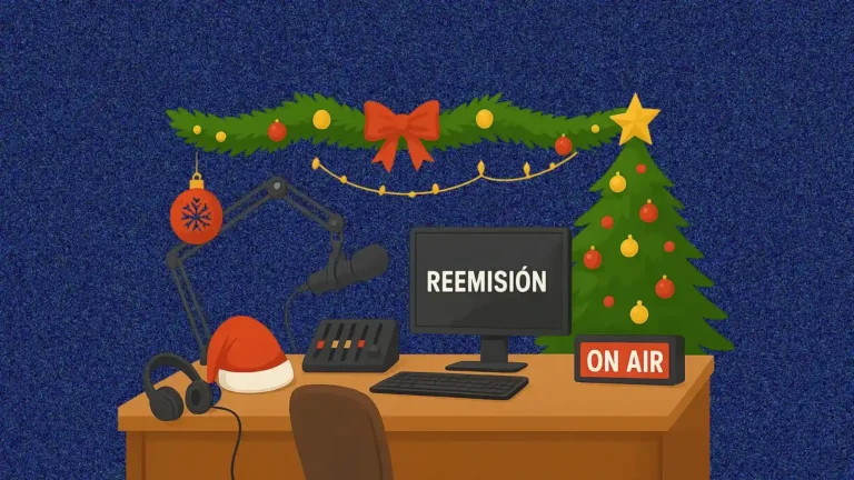 Programación de navidad: por qué el «plato recalentado» es un error estratégico (y cómo aprovechar el silencio de tu competencia) 9 Programación de navidad | ilustración de un estudio de radio decorado para navidad con un árbol, guirnaldas y un gorro de papá noel. Sobre el escritorio hay un micrófono, una consola de mezclas y un cartel de "on air" encendido, pero la pantalla del ordenador muestra la palabra "reemisión", representando la automatización de la programación en festivos.
